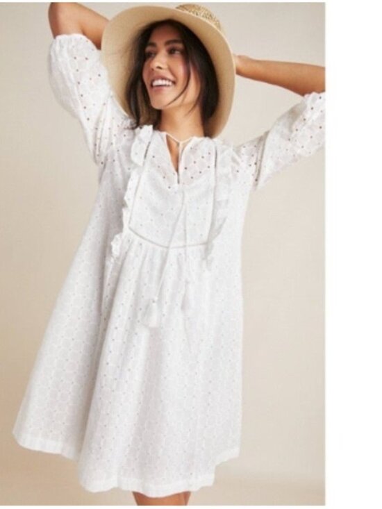 Anthropologie Dresses & Skirts - Anthropologie Dress Sz 8 White Eyelet BOHO Cottagecore Resortwear Beach Summer